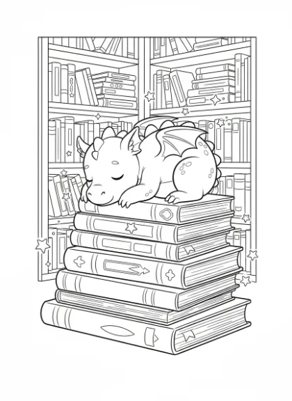 Cute Dragon Napping on a Pile of Books