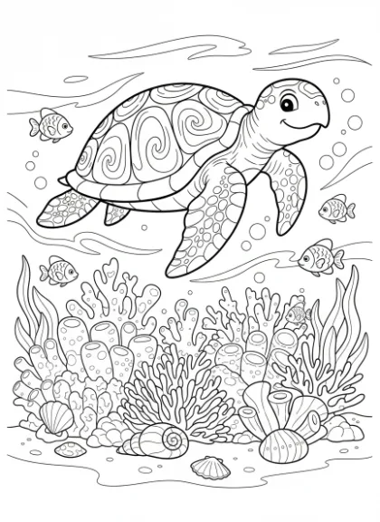 Happy Sea Turtle Swimming Over Coral Reef