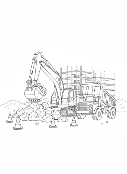 Busy Construction Site with Excavator and Truck